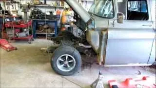 55 chevy truck subframe install- motor is in