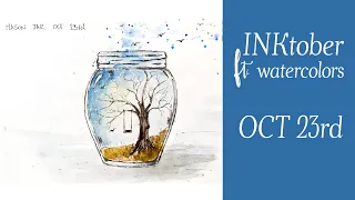 Inktober for beginners - ink ft. watercolors - mason jar with tree