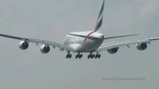 Emirates A380 with active ram air turbine landing at Hamburg Finkenwerder