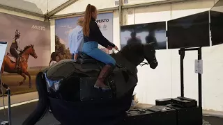 Daisy riding the Musto Mechanical horse at Burghley. 2/9/17