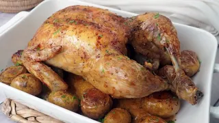 POLLO entero AL HORNO ¡Jugoso y crujiente Y MUY FÁCIL!