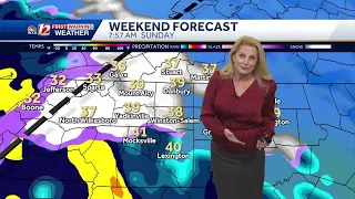 Blustery overnight & low wind chill temps, wintry mix & rain likely Sunday in North Carolina & Vi...