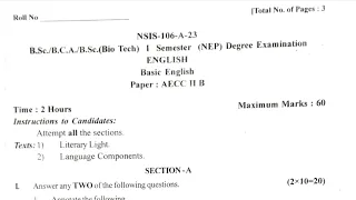 English BSC BCA 1st Sem NEP 2023 question paper gulbarga University language light and components