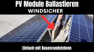 Selbst gebaute PV Aufständerung für Balkonkraftwerk erfolgreich ballastiert am Garagendach