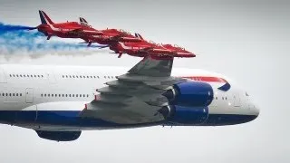 Airbus A380 and Red Arrows low fly by - (overhead)