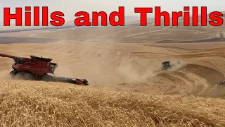 Three Combines cutting steep terrain. Waitsburg Washington US #harvest #agriculture #comedy #farming