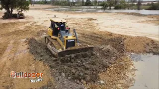 Full Video Team Work Heavy Bulldozer SHANTUI pushing Stone Land Filling up with dump truck