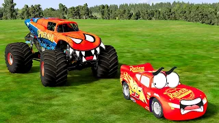 Angry Spider-Man Monster Truck Chasing Lightning McQueen - BeamNG.Drive