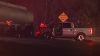 Driver extracted from vehicle after crash into tanker truck, police say