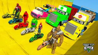 Spiderman & Super Heroes Race In Mega Ramps By Mack Trucks & Sea Bikes Super Cars