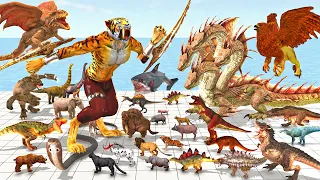 Dinosaurs vs Giant Hydra vs SaberTooth Tiger Speed Race Zigzag Course Animal Revolt Battle Simulator