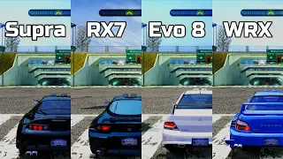 NFS Most Wanted: Supra vs RX7 vs Lancer Evo 8 vs Impreza WRX STI - Drag Race