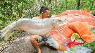 Amazing! Eating Biggest Salmon Salad w/ Sauce to Survival in Forest