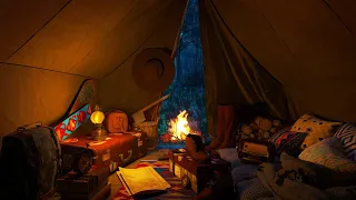 Sleeping in a Cozy Tent with Gentle Rain Sounds and Campfire