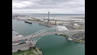 Over The Harbor Bridges, Whataburger Field And Lady Lexington In Corpus Christi Texas (4K Drone)