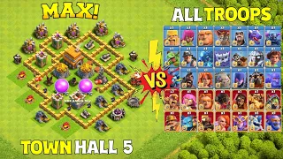 Town Hall 5 Max Base VS All 1 Max Normal & Super Troops | Th5 Base Vs Every Troops | Clash Of Clans