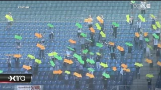 Magdeburg Fans Point Arrows At The Goal To Help Their Team Score