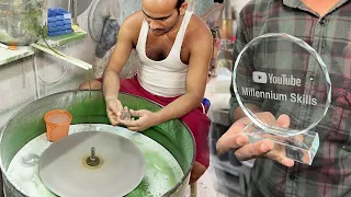How it's Made Crystal Glass Shield Trophy By Skilled Hand. Sandblast Glass Design Engraved Trophy.
