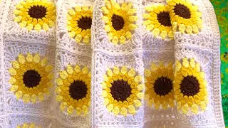 Sunflower Granny Squares Crochet Afghan Blanket - Free Written Pattern