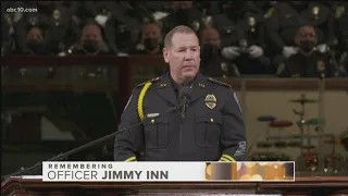 Stockton Chief of Police Eric Jones speaks at Jimmy Inn's memorial service