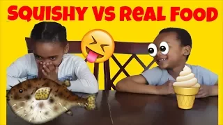 Kids Play Squishy food VS Real Food Challenge Game Sis and Bro Girls VS Boys