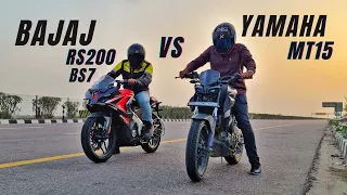 2023 Bajaj Pulsar RS200 BS7 Vs Yamaha MT15 Drag Race | Kya Bajaj ka Khel Khatam?💪