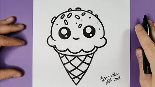 CUTE ICE CREAM DRAWING - DRAW CUTE THINGS - HAPPY DRAWINGS