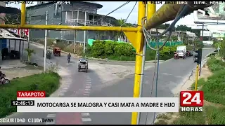 Tarapoto: motocarga sin control casi atropella a madre e hijo