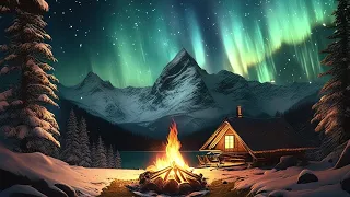 Aurora Night: Relaxing Music with Campfire and Cabin in the Mountains