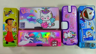 stationery collection, pencil box, unicorn geometry box, doraemon pencil case, unboxing and review