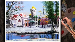 Acrylic Landscape Painting Lesson Time-lapse / Winter Castle / Fine Arts