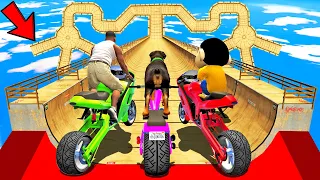 SHINCHAN AND FRANKLIN TRIED TRI MAZE MEGA RAMP & CRAZY JUMP CHALLENGE BY CARS BIKES TRUCKS GTA 5