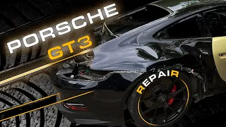 PORSCHE GT3. The body rebuilding a wrecked car. Ремонт кузова разбитого авто.