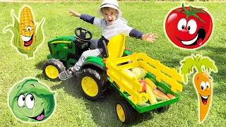 Baby Farmer Gleb Ride on Power wheel Tractor and Learn names vegetables on the farm