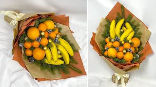 Winter bouquet of fruits. Gifts, crafts from bananas, oranges and tangerines for Christmas