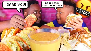 BOY HITS HIS DAD BECAUSE OF THIS! CHEESY TAKIS TACO MUKPRANK! (TACO BELL MUKBANG) | BEAST & JUJU