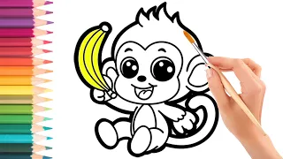 How to Coloring A MONKEY with BANANA step by step easy drawing for kids
