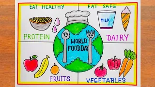 World Food Day Drawing / Eat Healthy Stay Wealthy Drawing / World Food Day Poster Drawing Easy Steps