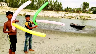 balloon pop 39 | kids making fly the rocket balloons in the river sand rocket balloons throwing