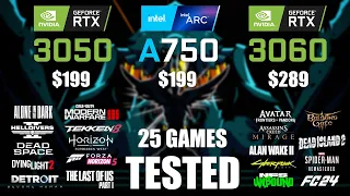 RTX 3050 8GB vs ARC A750 8GB vs RTX 3060 12GB | R9 - 7950X3D | 1080p - 25 Games Tested