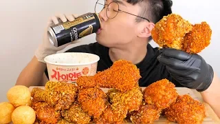 BBQ치킨 레드 써프라이드 + 써프라이드 치킨 + 치즈볼 + 까르보나라 떡볶이 ASMR 먹방 - chicken mukbang eating show