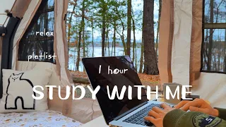 1-HOUR STUDY WITH ME｜Alone in Forest Lakeside 🌲⛺｜Bonfire White Noise｜Piano Playlist｜Pomodoro 25/5