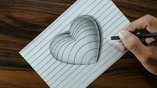 3D Heart on Line Paper - Trick Art Drawing