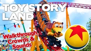 Toy Story Land Walkthrough | Crowds, Rides and Sounds | Slinky Dog Dash Coaster