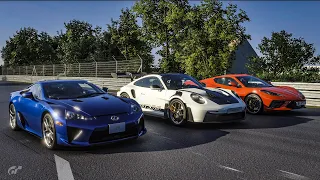 Gran Turismo 7 Drag Race: Lexus LFA vs Porsche 911 GT3 RS (992) vs C8 Corvette Stingray