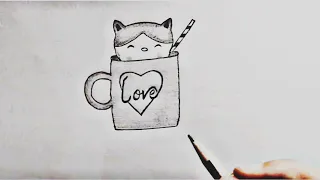 Cute Little Cat and Mug Drawing/Easy Pencil Drawing Ideas