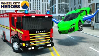 Fire Truck Frank in Situation | Police Car Catches a Flying Sports Car Pest | Wheel City Heroes