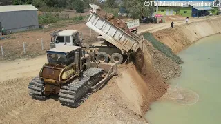 Supper Energy Skills Unloading Soil On Downhill In Water With Dozer Pushing & Grading Making Road