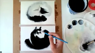 Sumi-e CATS experiment [in watercolors] it's NOT a Tutorial [FULL TIME painting]