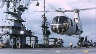 United States HUP 2 helicopter land and take off from United States ship Saipan o...HD Stock Footage